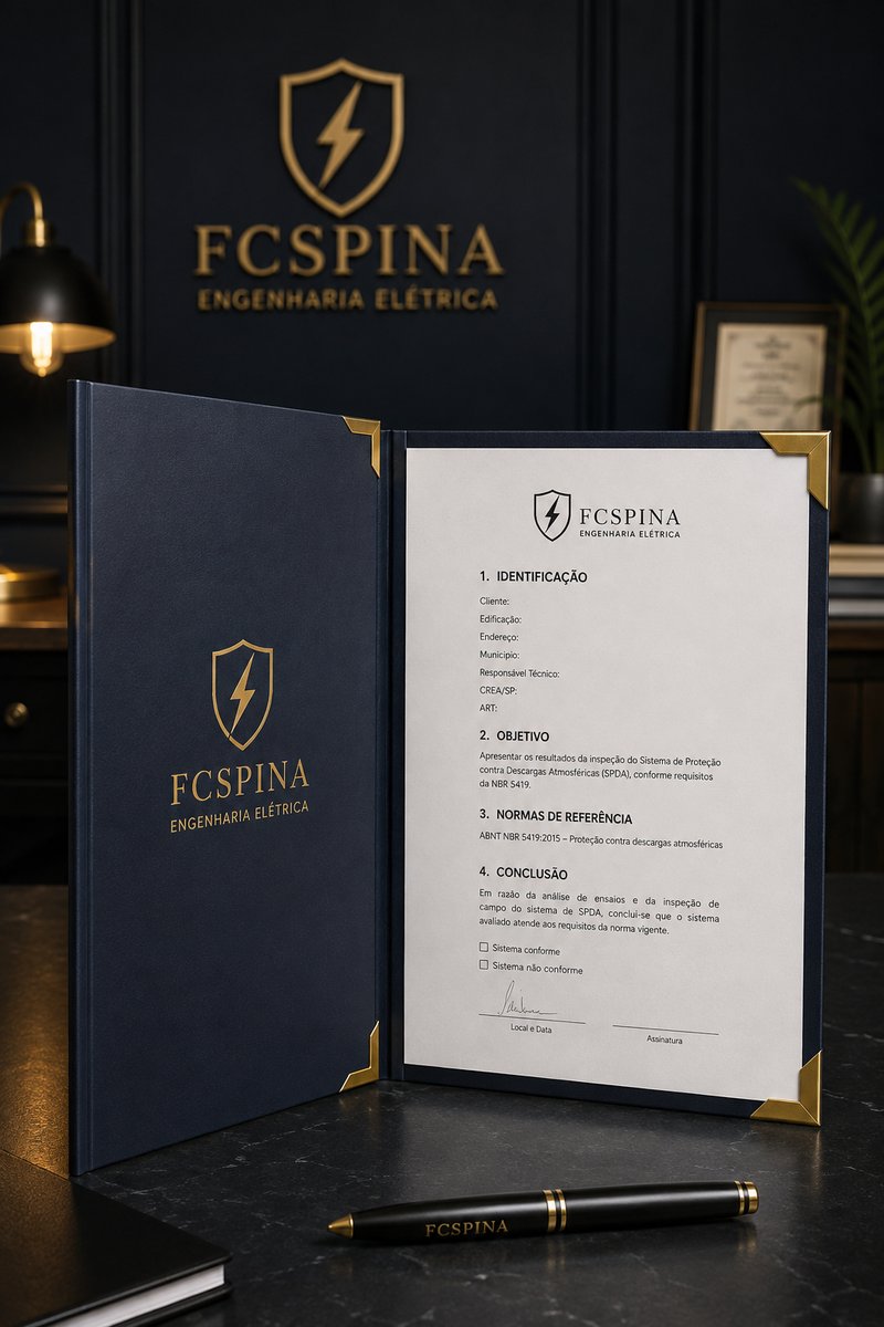 FCSpina - Modelo de Laudo Técnico de SPDA em livro institucional navy com detalhes dourados